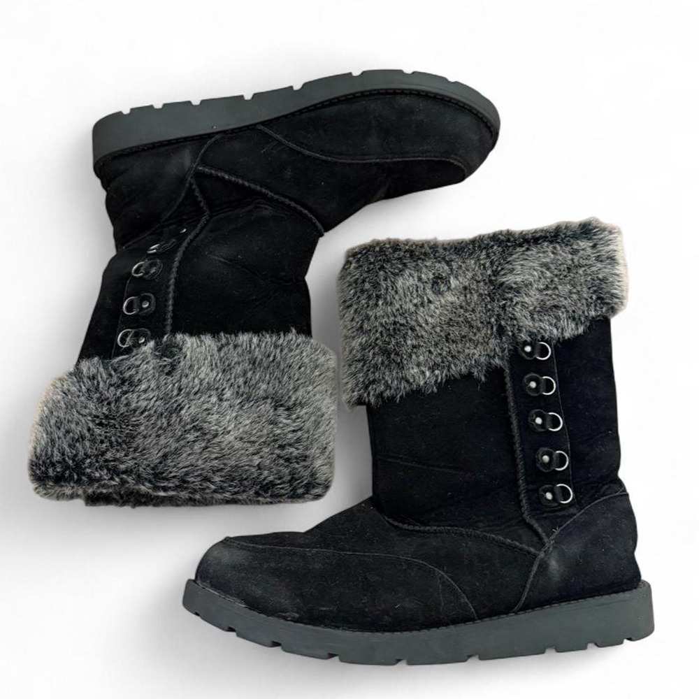 Rampage Womens Black Faux Suede Mid Calf Winter Boots Gray Faux Fur Trim Size 8